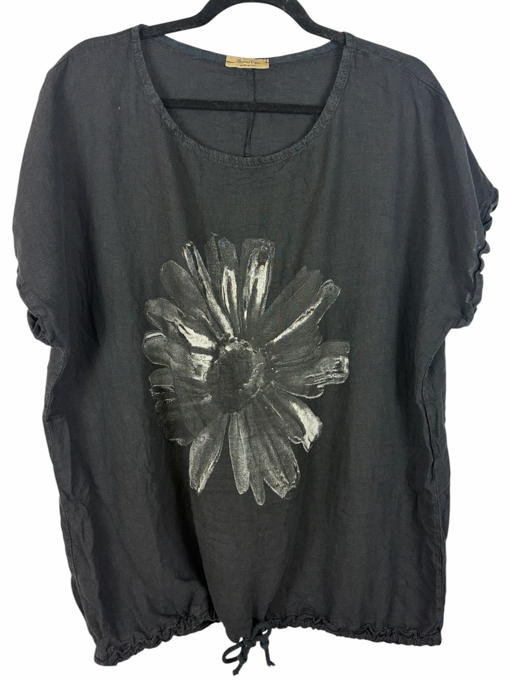 Beyond Capri Italy 100% Linen Black Floral Graphic Top Drawstring Hem One Size